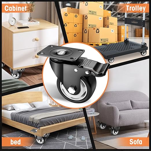 Casters, 3" Caster Wheels,Casters Set of 8 Heavy Duty - ASRINIEY Black Polyurethane Castors, Top Plate Swivel Wheels, 8-Pack Industrial Casters with Brake, Locking Casters for Furniture and Workbench