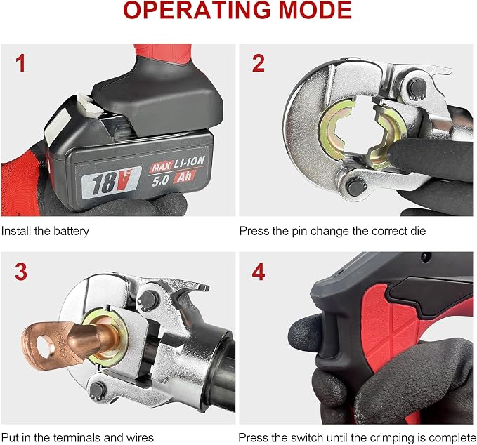 Electric Wire Cable Crimper Battery Powered Hydraulic Crimping Tool Range 8AWG to 600MCM with 12 Dies, Electricians for Circuit Repairs and Stainless Steel Deck Upgrades (HL-300B)