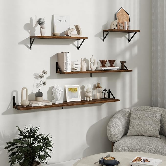Floating Shelves 8 Inch Deep, 16W x 8D Wall Shelf Set of 2, 35 lbs Heavy Duty Reversible Metal Brackets, Industrial Book Shelf for Living Room Kitchen Bathroom Bedroom Gallery Wall, Walnut