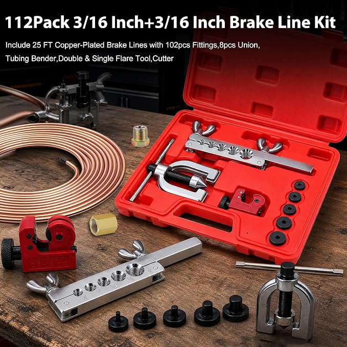 smseace 112Pack 3/16 Inch Brake Line Flaring Tool Kit Include 25 FT Copper-Plated Brake Line Kit with 94pcs Fittings,8pcs Union,Tubing Bender,Double & Single Flare Tool,Cutter