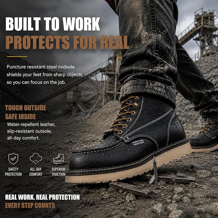Work Boots for Men, 6" Leather Lightweight Comfort Moc Toe Steel Toe Puncture Resistant Wedge Safety Boots, Goodyear Welt, Industrial, Construction, Electrician, US 7-17