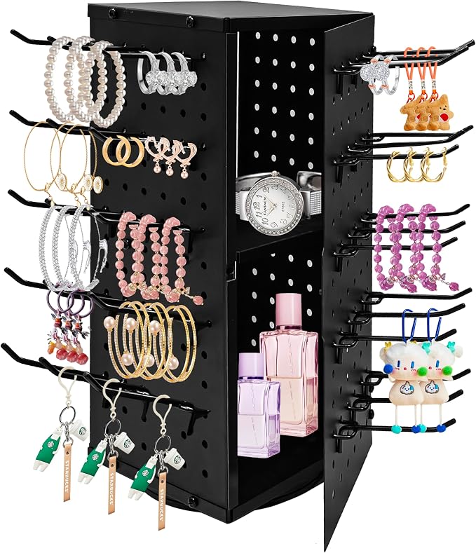 360° Rotating Pegboard Display Stand with 60 Hooks & Inner Storage Compartments - Metal Peg Board Keychain Jewelry Display Stand for Vendors, Retail, Craft Shows (Black)