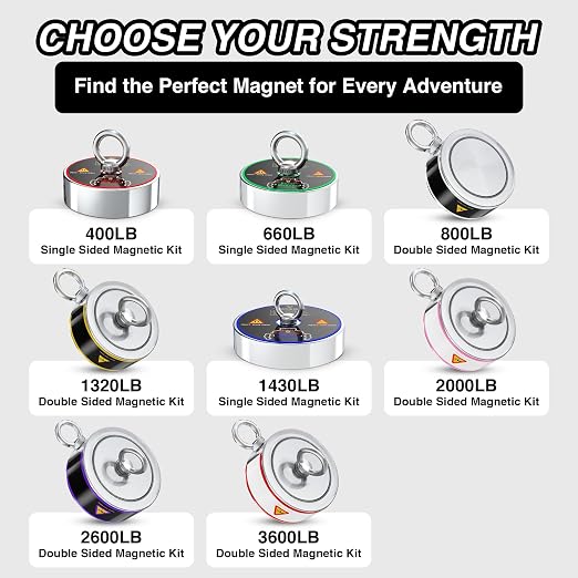 1000LB Complete Magnet Fishing Kit | Double Sided Fishing Magnet Kit with Case | Includes Strong Neodymium N52 Magnets, Durable 65ft Rope, Carabiner, Gloves, Grappling Hook & Carry Case