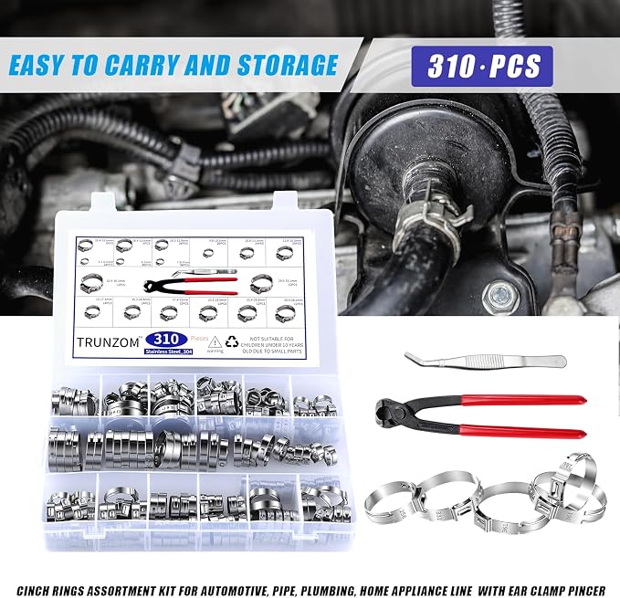 310pcs 16 Sizes Single Ear Hose Clamps, 5.3-36.1mm 304 Stainless Steel Crimp Hose Clamps,Cinch Rings Assortment Kit for Automotive, Pipe, Plumbing, Home Appliance Line with Ear Clamp pincer