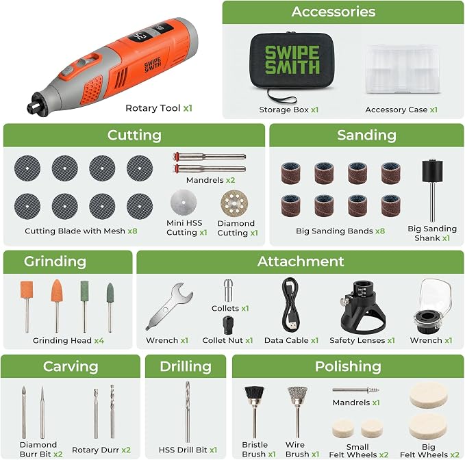 12V Cordless Rotary Tool Kit, Brushless Motor, LCD Display, 8000-32000 RPM Variable Speed, 2.5Ah Battery, 40 Accessories for Wood Carving, Engraving, Grinding, Sanding and Cutting