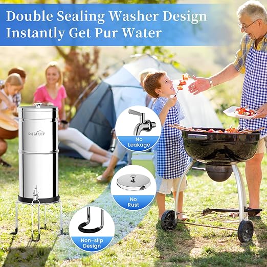 Gravity Water Filter System, 3.25G Stainless Steel Countertop System Water Purifier with Stand, Reduce 99% Chlorine for Home Camping Backpacking RVing, 3 Carbon Filters