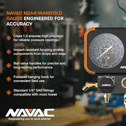 NAVAC N2A4 Manifold Gauge | Class 1.0 Accuracy | Impact-Resistant HVAC Gauge | Aluminum Body and Rubber Cover | Easy-to-Read Analog Display | Folding Hook | 1 Year Warranty