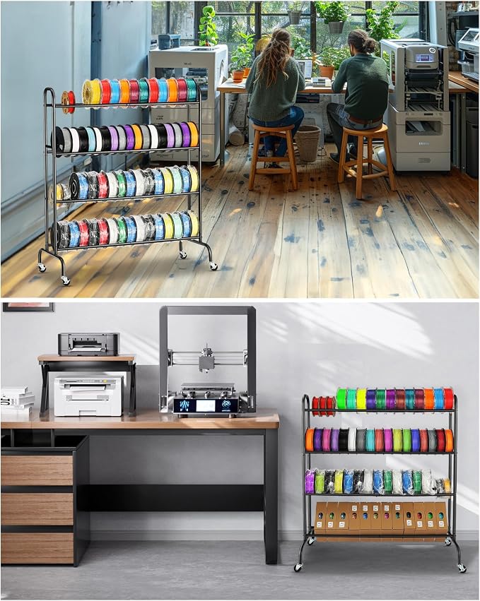 AHOWPD 3D Printer Filament Storage Rack - 4 Tier Rolling Filament Spool Holders Racks with Wheels, Heavy Duty Metal Shelf for PLA/ABS/TPU, Filaments Organzied for 3D Printing Studio, Office Workshop