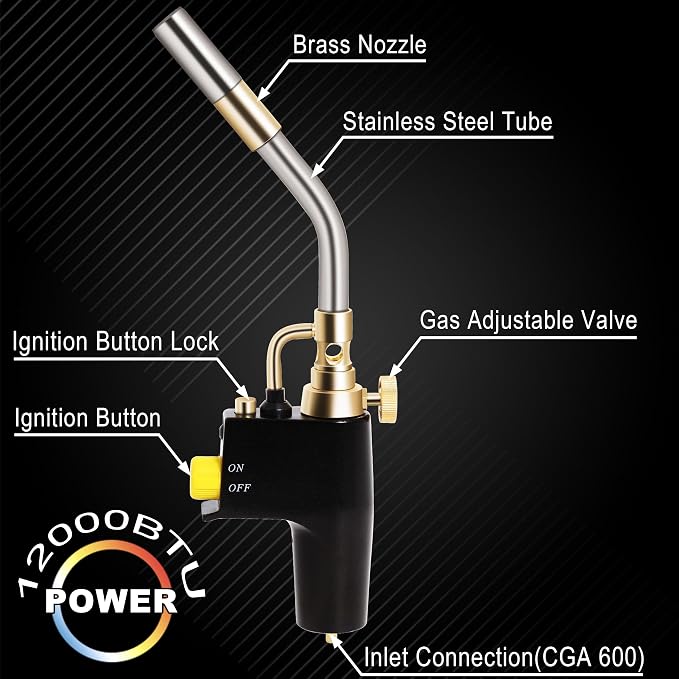 Wadoy Propane Torch Head Kit with 3 Nozzles, High Intensity Trigger-Start Soldering Torch Compatible with Bernzomaticc MAPP Propane for Soldering, Brazing, Welding, Map Gas Torch Head TS8000