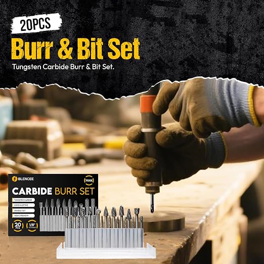 20Pcs Carbide Burr Set - 1/8" Shank Tungsten Die Grinder Bits, Double Cut - Compatible with Dremel & Milwaukee - Cutting, Engraving, Deburring - Rasp Accessories - Metal, Steel, Aluminum