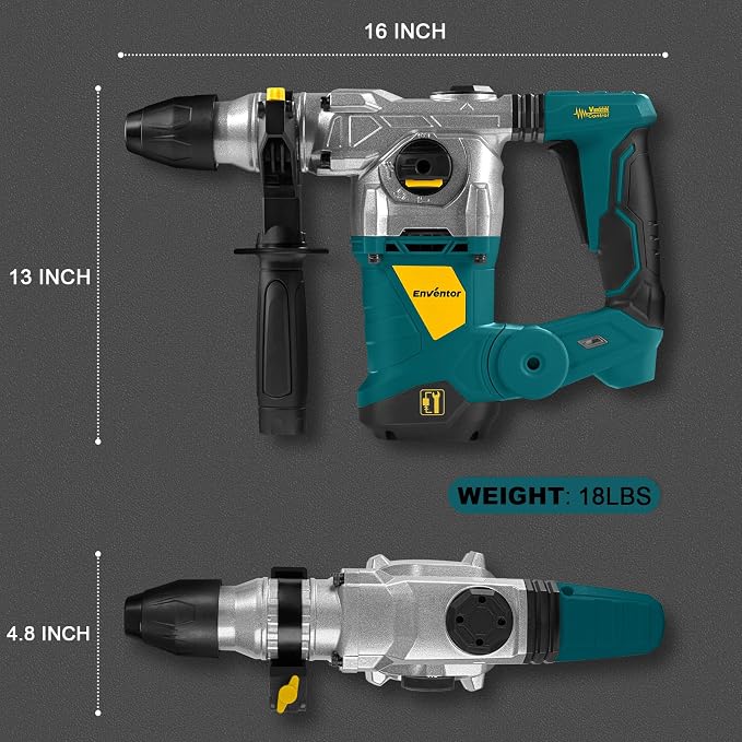 Enventor 1-1/4 Inch SDS-Plus 13A Rotary Hammer Drill for Concrete Stone | Heavy Duty Electric Demolition Hammer Drill with 4 Functions, Safety Clutch, Vibration Control, Chisels, Drill Bits, Blue