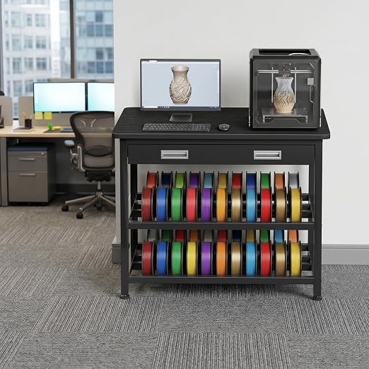 3D Printer Stand with Filament Storage - Heavy Duty 3D Printer Table with Metal Drawer, 36 inch 3 Tier Metal 3 D Printing Desk for 3 D Printers, Black