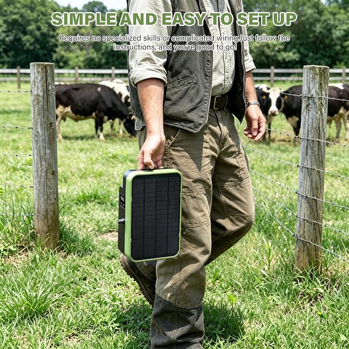 Solar Powered Electric Fence Charger, Energizer with Stand, Adjustable 5kV-9kV Output, 6000mAh Battery, 5.5W Solar Panel Perfect for Farms Gardens Orchards, Keeps Livestock Safe from Wildlife