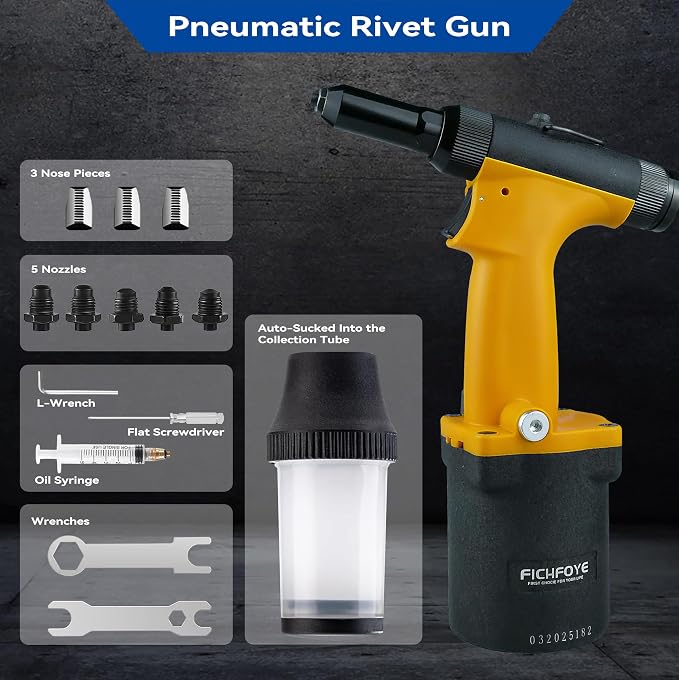 Self-Suction Pneumatic Rivet Gun Kit, Industrial Air Hydraulic Pop Riveter with 5 Nozzles (3/32"–1/4"), 4000LBF Heavy Duty Riveting Tool for Automotive, Construction & Manufacturing