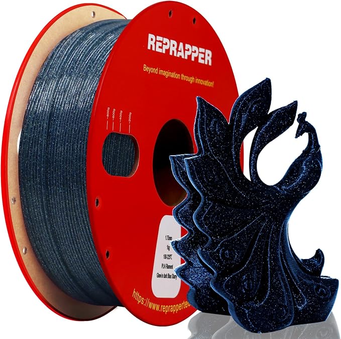 RepRapper Glitter Glow in The Dark Blue 3D Printer Filament, Shiny Galaxy 1KG PLA Filament (2.2lbs) 1.75mm, Sparkle Laser Series 3D Printing Filament for 3D Printer