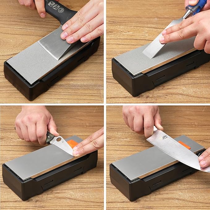 SHARPAL 163N Diamond Sharpening Stone, Dual Grit 220/600 – Extra Coarse & Fine for Dull and Damaged Blades, 8" x 3" with Storage Case (NonSlip Base) & Angle Guide Gifts for Men