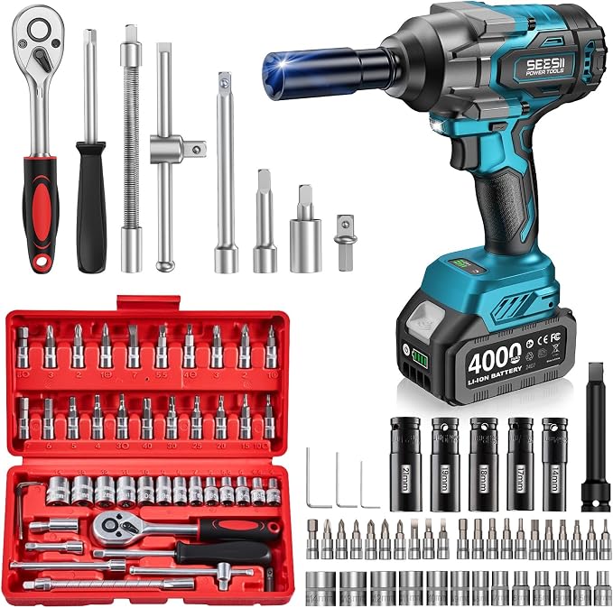 Seesii Impact Wrench & 46pcs Socket Wrench Set, 1000N.m (738 Ft-Lbs) Cordless Impact Driver, 1/2" Impact Gun With 21v 2x4.0Ah Battery, Auto/Motorcycle Tool Kit, Wh10 Ultra