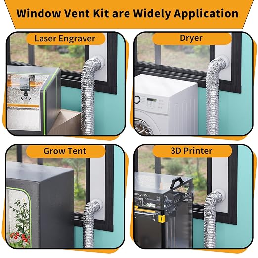 LBG Products Window Vent Kit with Louvered Vent Cover for 3"&4" Vent Hose, Adjustable Window Seal Kit with Switchable Hood for Laser Engraver 3D Printer Enclosure Dryer with 3"/4" Exhaust Ventilation
