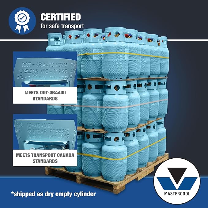 Mastercool 67010 30 lb Refrigerant Recovery Cylinder with Float Switch, DOT-Approved, 1/2" Acme Connections, HP295 Steel, Blue (No Refrigerant Included)