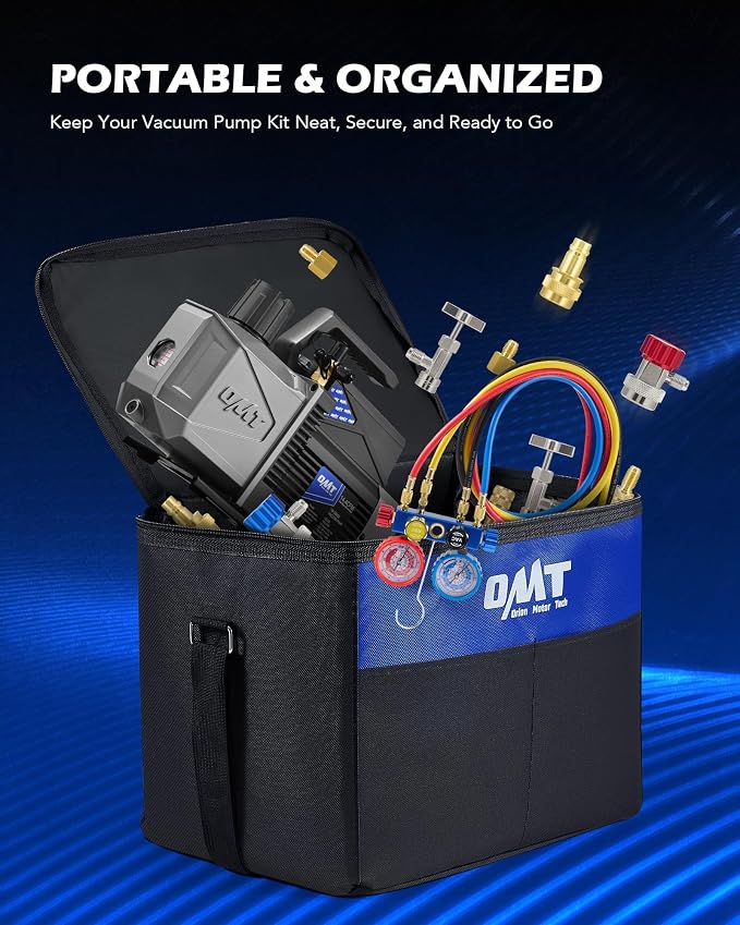 Orion Motor Tech A2L AC Vacuum Pump and Gauge Set, 5 cfm 2 Stage Sparkless Ignition Proof Vacuum Pump for R1234yf R32 R134a R410A System, with 4 Way AC Gauges Quick Couplers Thermometer Can Taps Hoses