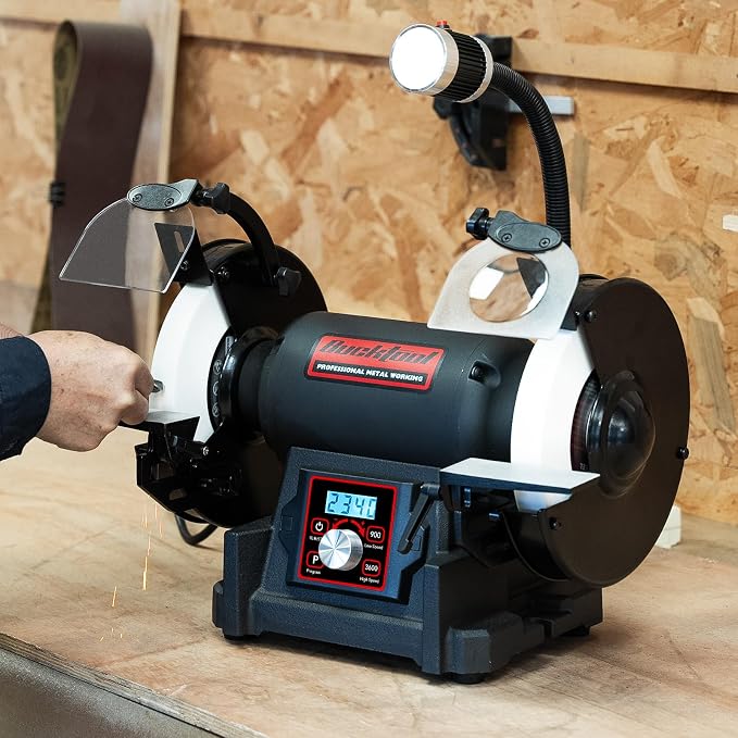 Bucktool 8" VFD Variable Speed Bench Grinder, 1HP Power Professional Wobble-free Wheel Grinder with High/Low Speed Switching for Knife, Metal