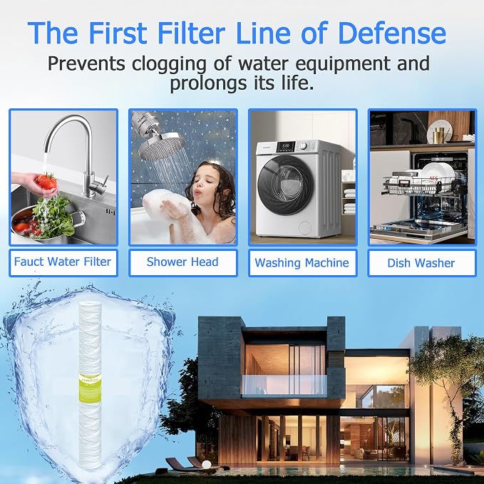 20 Micron Whole House Water Filter Cartridge, String Wound Sediment Filters for Well Water, Universal Replacement for Any 20 inch Silm Housings - 20" x 2.5" Cartridges - Pack of 6