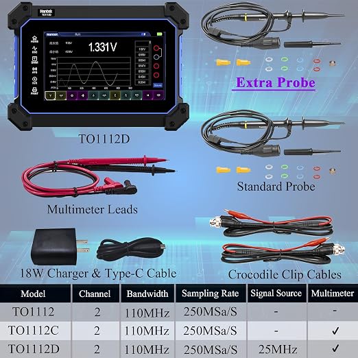Hantek Tablet Oscilloscope 2CH Digital Storage Oscilloscope Built-in Waveform Generator and Multimeter with 7" TFT Touch Screen(TO1112D/110MHz)