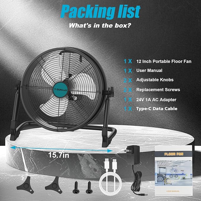 12" Battery Operated Floor Fan Compatible with Makita 18V Battery, Portable Fan with AC Adapter and USB Output, Metal Industrial High Velocity, Stepless Speed Cordless Fan for Jobsite Garage Camping