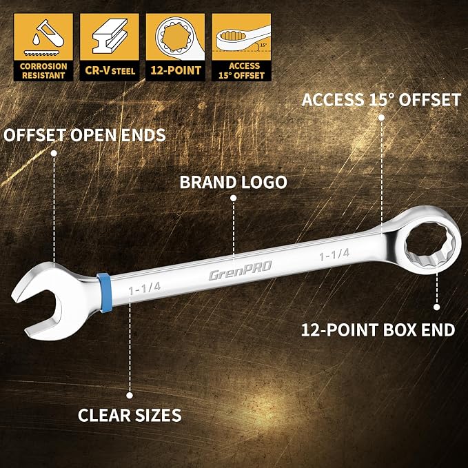 GRENPRO Large Wrench Set, SAE Wrench Set With Color Ring, 7PCS 15/16", 1", 1-1/16", 1-1/8", 1-3/16", 1-1/4" Long Big Open End Wrench Tools Set Roll Up Pouch Organizer, 12 PT Combination Wrenches Sets
