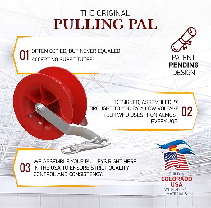 Pulling Pal - Low Voltage & Network Cable Installation Pulley. The Best Cat5e & 6, Coax, Fire Alarm, Access Control & Audio Cable Pulley for Low Voltage Wire Pulling & Safe Working – Assembled in USA