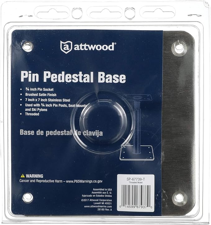 Attwood SP-67739-T Lock’N-Pin ¾-Inch Pin Base — 7x7-Inch Base, Threaded, Acetal Bushing, Pre-Drilled for Mounting