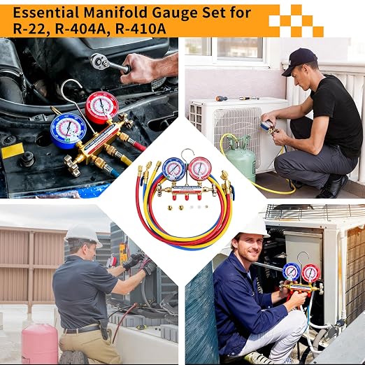 42201 Manifold Gauge Set, 3-1/8" (80mm) Anti Vibration Gauges, 60" Y/R/B Hoses with Compact Ball Valves, 1/4" Fittings, 2 Valve, 6 Dust Plugs, for HVAC Test and Charging of R-22, R-404A, R-410A