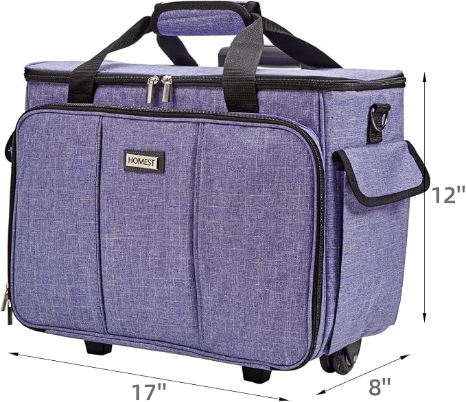 HOMEST Sewing Machine Rolling Case with Wheels and Storage Pockets | Fits Singer and Brother machines, rolling wheels and storage pockets help carry sewing accessories, Purple