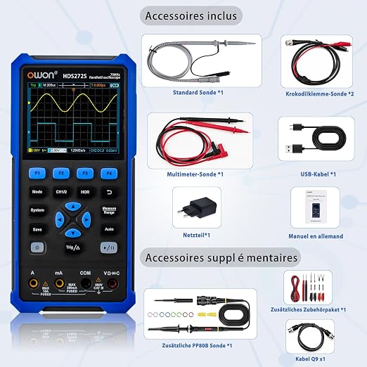70MHz Bandwidth 2+1CH Handheld OWON Oscilloscope 3 in 1 Functions with 4 1/2 Multimeter 25MHz Arbritary Waveform Generator (2+1 CH/HDS272S)