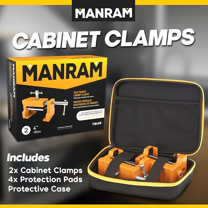 MANRAM Cabinet Clamps 2 Pack A Great Gift for Dad, Heavy Duty Cast Steel Face Frame Alignment Tool with Integrated Drill Guide, EVA Protective Pads and Carrying Case for Cabinet Installation