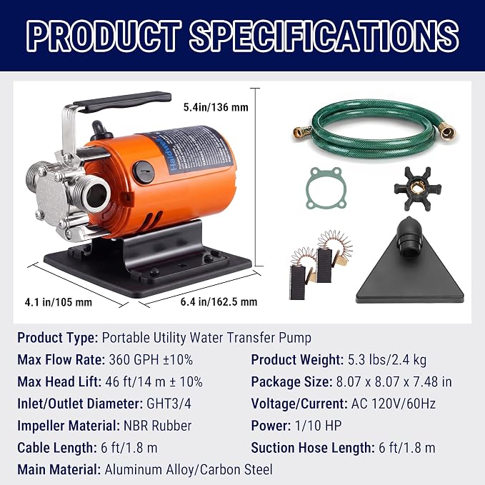 HoldwellS Water Transfer Pump 115V AC, 360 GPH, 1/10HP, 46FT High-Lift | Utility Pump, Portable Electric Water Pump with Water Hose Kit, Incl. Carbon Brushes, Impeller etc, For Water Removal