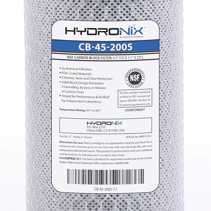 Hydronix CB-45-2005/3 Universal 4.5" x 20ā Whole House Water Filter Replacement Cartridge, Commercial & Industrial NSF, Coconut Shell Activated Carbon Block CTO, 5 Micron (3 Pack)