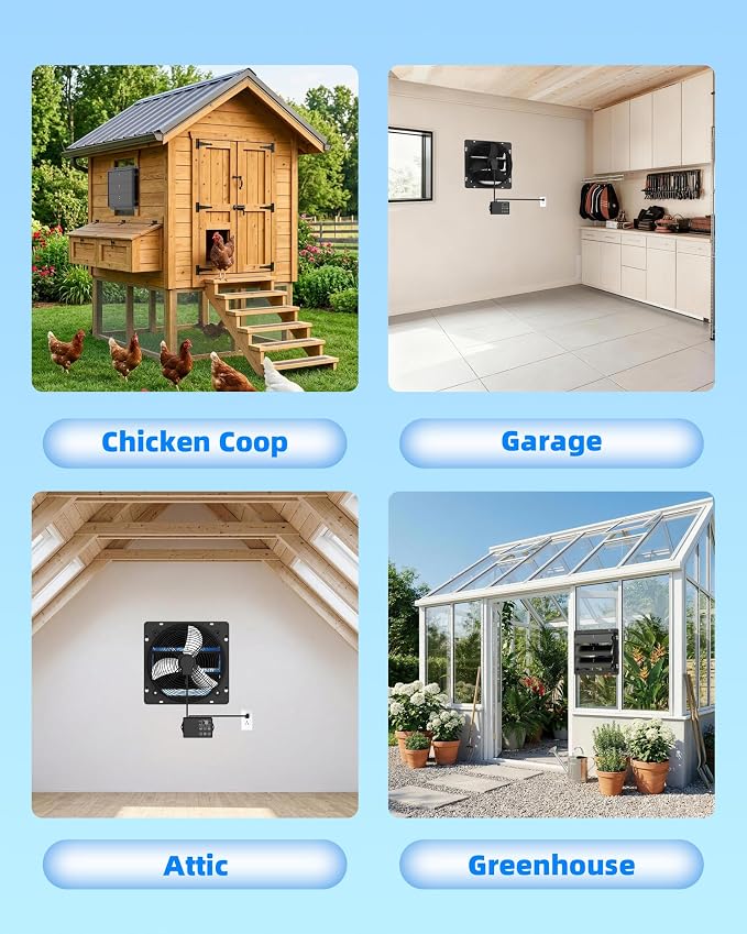 12'' Upgraded Shutter Exhaust Fan with Thermostat & Remote, 980 CFM Wall Mounted Attic Exhaust Fan, Auto On/Off by Temperature for Garage, Greenhouses, Sheds, Chicken Coops & Basement