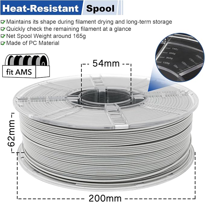 Nylon Glass Filled Filament Grey Nylon Glass Fiber 1.75mm PA GF 3D Printer Filament PA6-GF 1kg with Reusable PC Spool