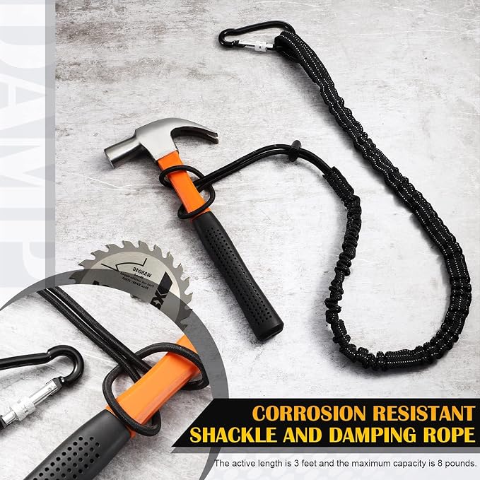LEIFIDE 24pcs Tool Lanyard Standard Length Safety Tool Leash 17.6lb 8kg Tough Adjustable Fall Protection Tether with Aluminum Screw Lock Buckle, Shock Cord Stopper and Retractable Loop End, Black