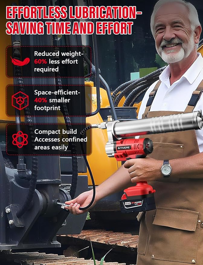 Lithium Battery Grease Gun Electric of Milwauke M18 Battery (NO Battery) with 12” Spring Flex Hose and 6'' Rigid Pipe, 10000 PSI High Pressure Quick Release Grease