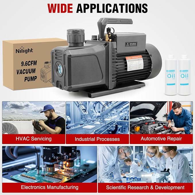 Nilight HVAC Vacuum Pump, 9.6 CFM 1 HP 110V 2 Stage AC Vacuum Pumps Kit for R22 R404a R134a R410a, 3x10⁻¹ Pa Ultimate Vacuum for Auto Air Conditioning Servicing Refrigerant Recharging, Oil Included