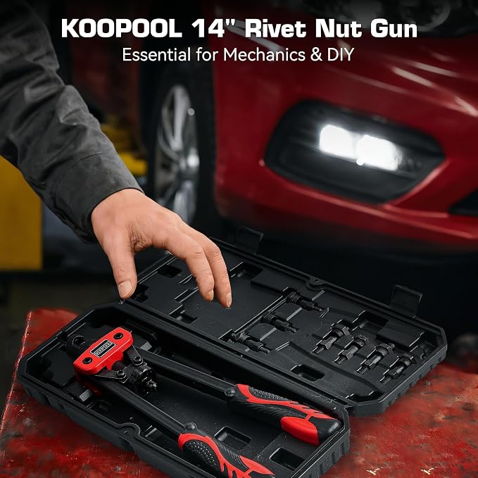 KOOPOOL 14" Rivet Nut Tool Kit, Heavy-Duty Rivnut/Nutsert Tool with 7 Mandrels (M6, M8, M10, 1/4"-20×2, 5/16"-18, 3/8"-16) & 70 Rivet Nuts, Rugged Rivnut Tool Kit with Carrying Case (14")