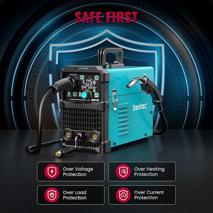 Bestarc 145A MIG Welder 110V 220V, 4 in 1 Gasless Flux Core MIG/Lift TIG/Stick Welder, Synergic IGBT Inverter Welding Machine with Large LED Display, Dual Voltage for Beginners DIY