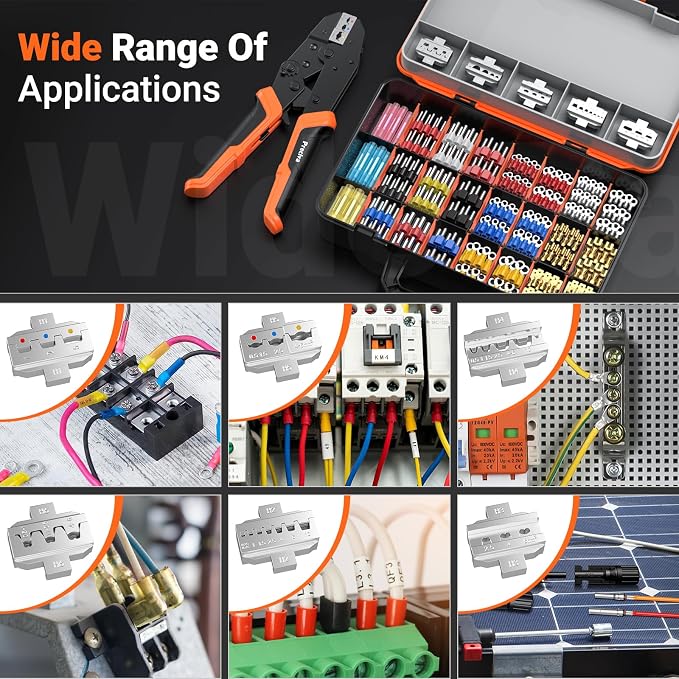 Preciva 6 PCS Crimping Tool Set with 395 PCS Connectors, Ratcheting Wire Crimper Tool for Heat Shrink,Insulated Connectors,Open Barrel,Circlip Terminals,Tube Terminals,Solar