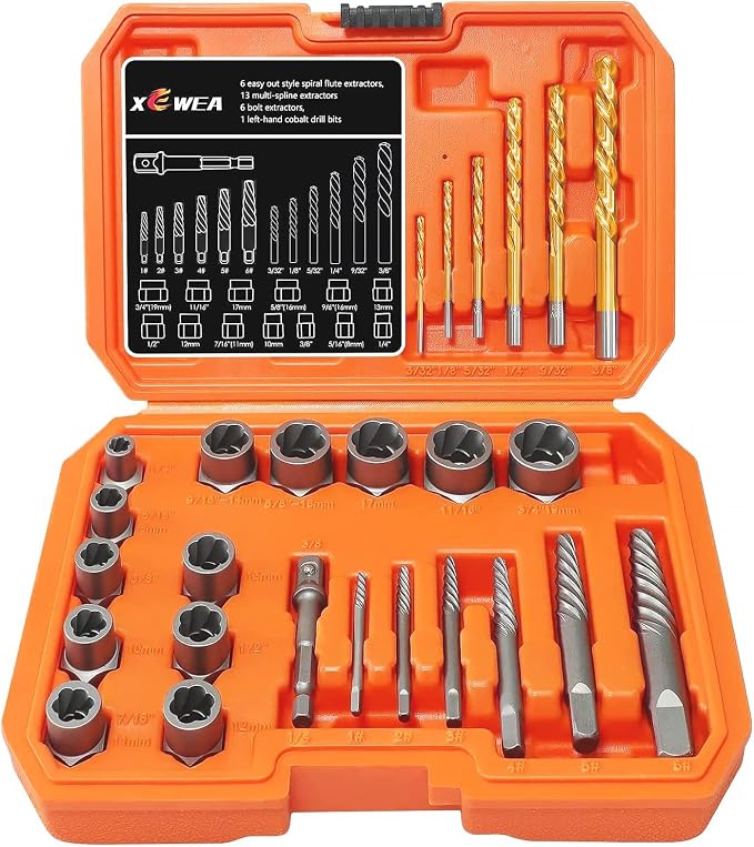 XEWEA 26PCS Screw & Bolt Socket Extractor with Left Drill Bit Set【with Hex Adapter】, Impact Easy Out Tools Stripped Screw Remover EZ Out Set for Damaged, Frozen, Rusted, Bolts, Nuts, Screws, Studs