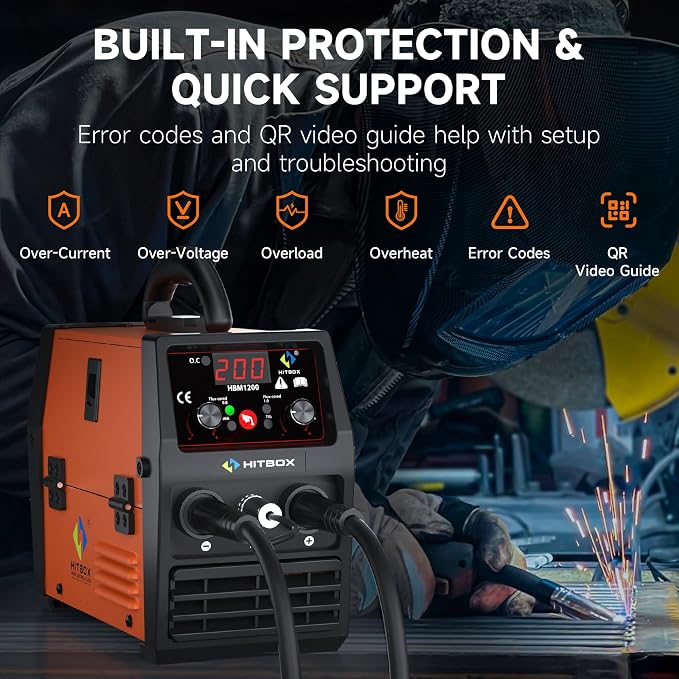HITBOX 140A MIG Welder Gasless, 110V/220V Dual Voltage Flux Core Welder Flux MIG/Lift TIG/Stick 3 In 1 Synergy MIG Welding Machine With Torch Clamp and 0.8mm Flux Wire