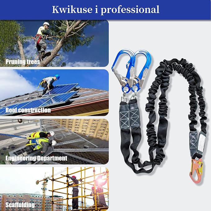 6ft Safety Lanyard Double Leg Internal Shock Absorbing Safety Fall Protection Lanyard with Rope Harness Safety Lanyard Dual Rebar & Snap Hook Roofer Fall Protection Equipment(Aluminium Alloy)