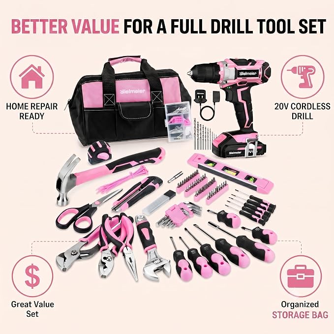 Bielmeier 20V 236Pcs Cordless Pink Drill Set for Women, Lady’s Essential Home Tool Kit with Pink Bag, Perfect DIY Electric Screwdriver Set for Home Repair & Gifts