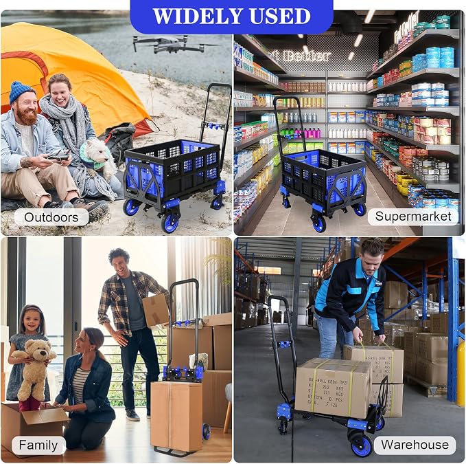 2 in 1 Folding Hand Truck with Folding Basket,Heavy Duty Hand Truck Dolly 330lbs Capacity with Telescoping Handle and Rubber Wheels,Portable Dolly Cart with Bungee Cords for Moving